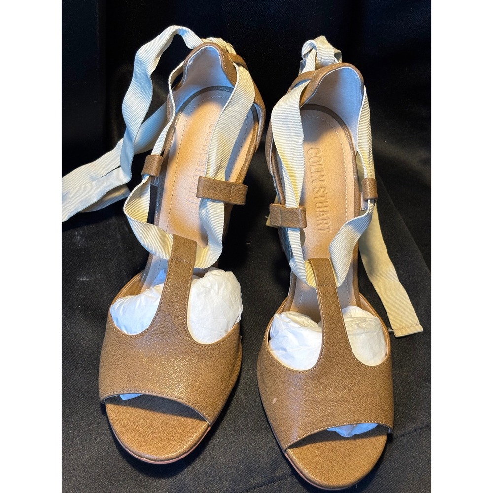 Colin Stuart Tan Ankle Tie Wedge Sandals 8.5B Woven Raffia Heel Summer Shoes